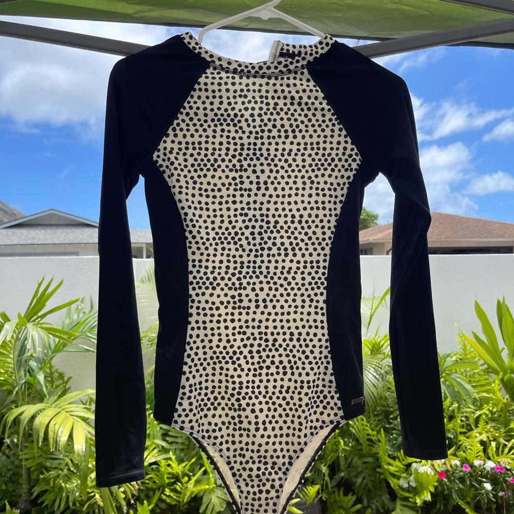 Roxy Black & White Polka Dot Long Sleeve One-Piece Swimsuit